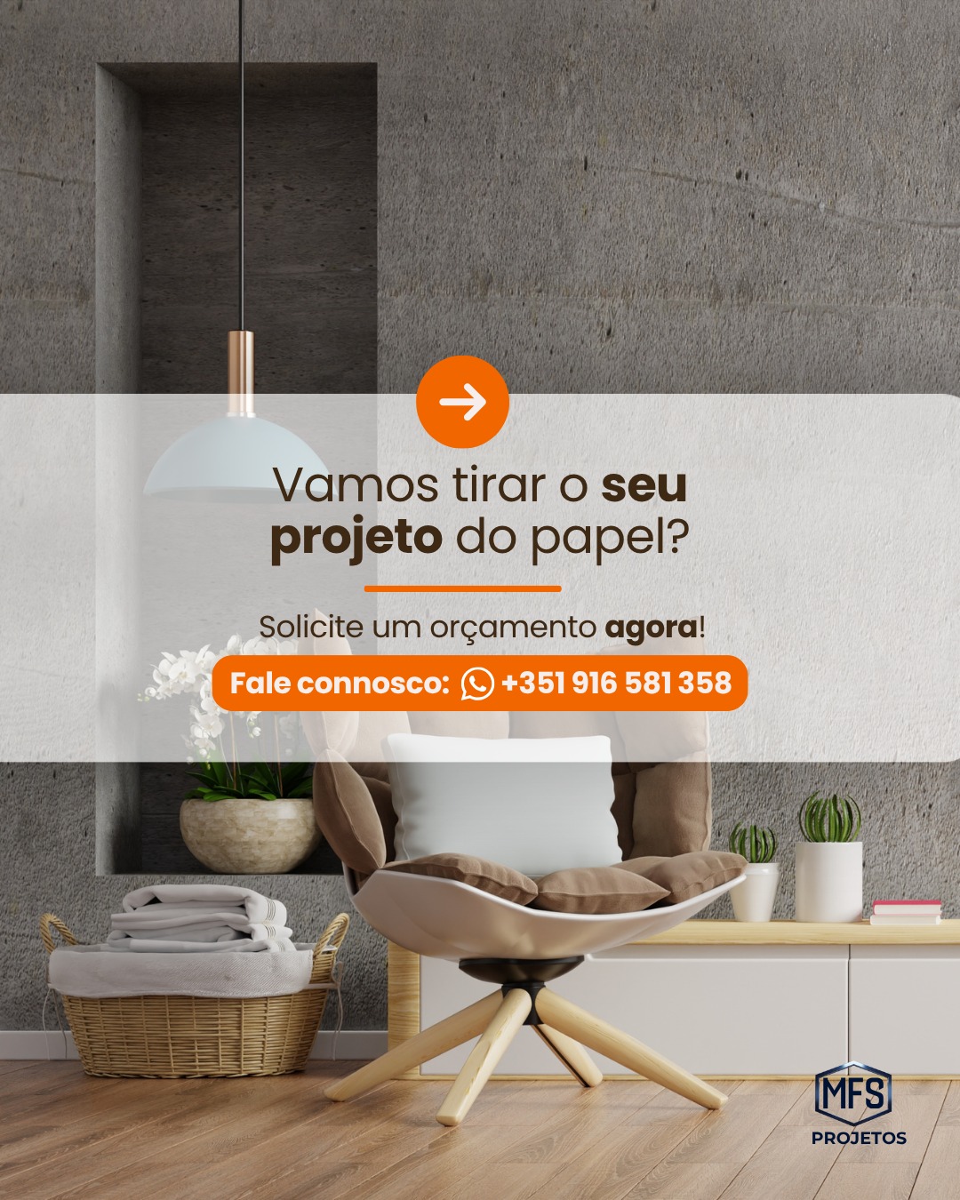 Criativo promocional da MFS Projetos com um ambiente interior contemporâneo