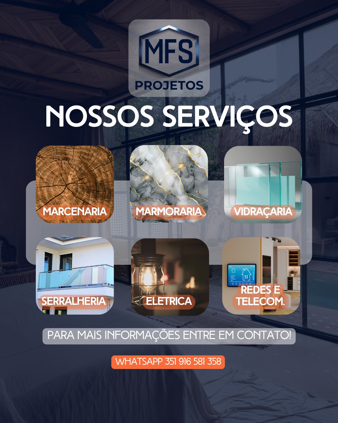 Cartão promocional da MFS Projetos com áreas de serviço e número de contacto